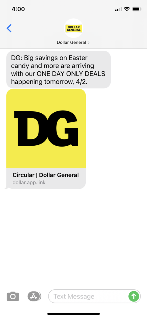 Dollar General Text Message Marketing Example - 04.01.2021