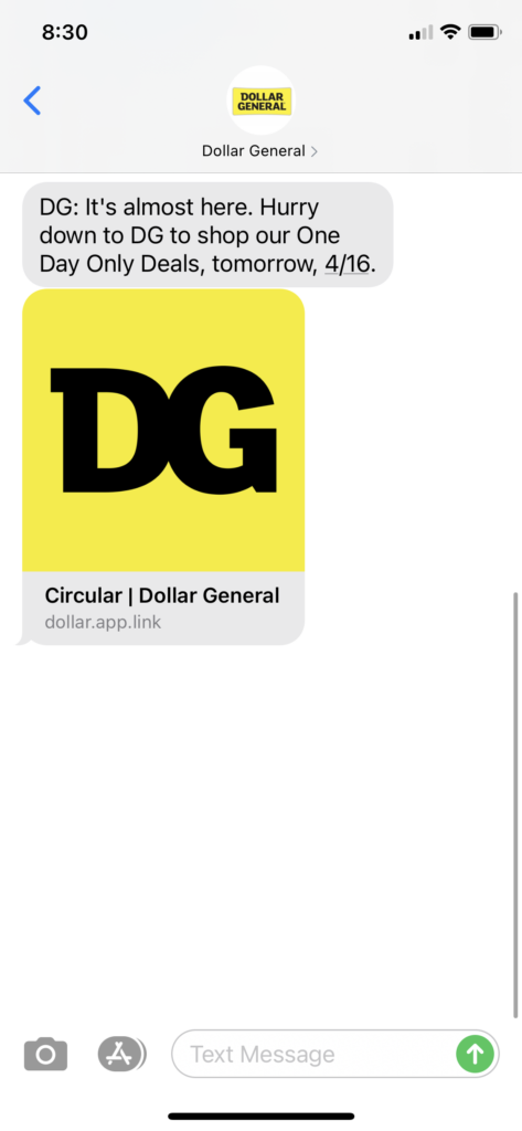 Dollar General Text Message Marketing Example - 04.15.2021