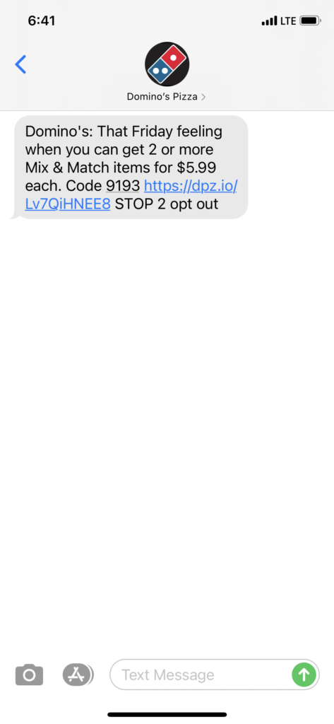 Domino's Text Message Marketing Example - 08.07.2020