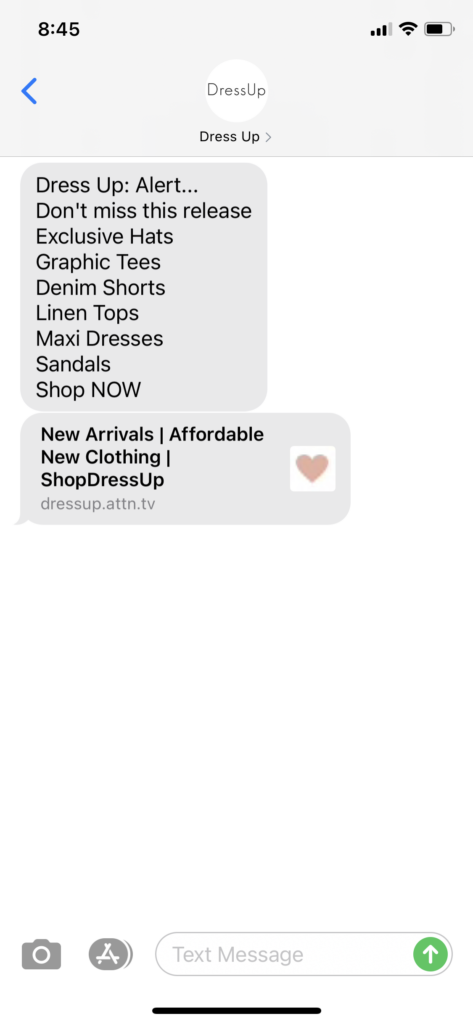 Dress Up Text Message Marketing Example - 04.17.2021