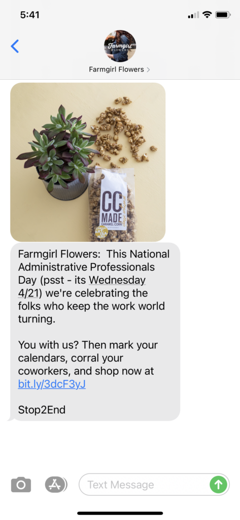 Farmgirl Flowers Text Message Marketing Example - 04.12.2021