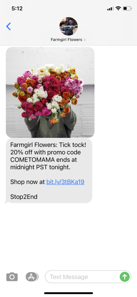 Farmgirl Flowers Text Message Marketing Example - 04.19.2021