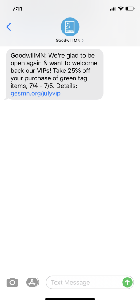 Goodwill Text Message Marketing Example - 06.30.2020