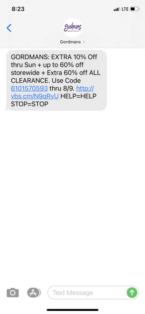 Gordman's Text Message Marketing Example - 08.07.2020