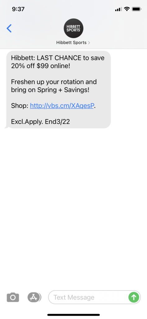 Hibbett Text Message Marketing Example - 03.22.2021