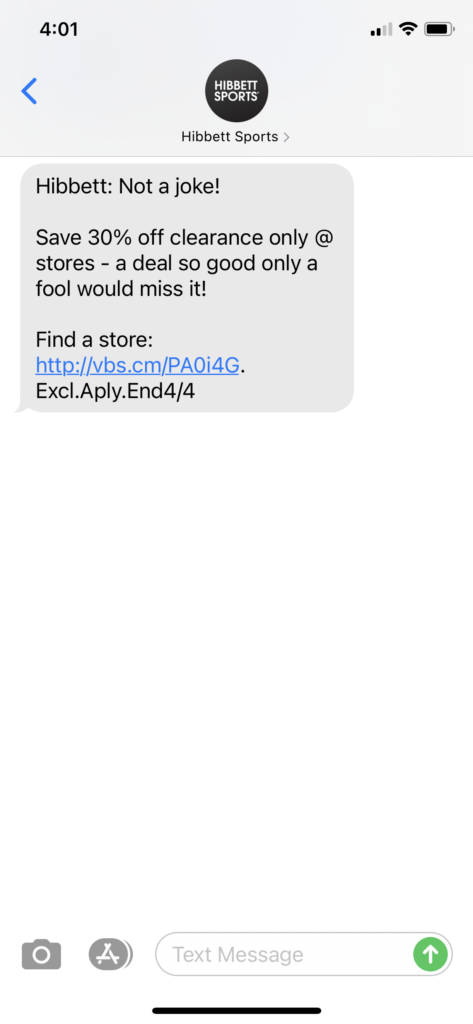 Hibbett Text Message Marketing Example - 04.01.2021