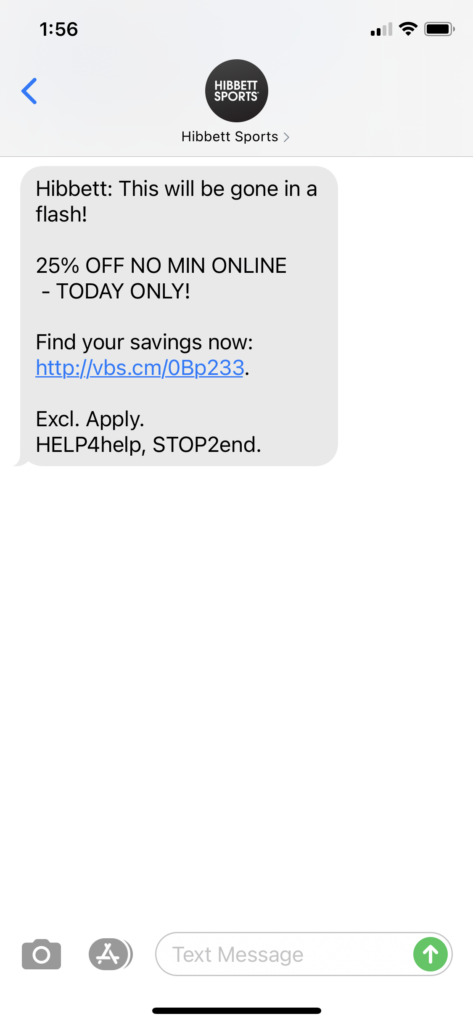 Hibbett Text Message Marketing Example - 04.02.2021