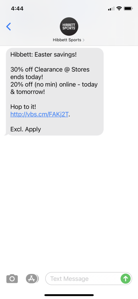 Hibbett Text Message Marketing Example - 04.04.2021