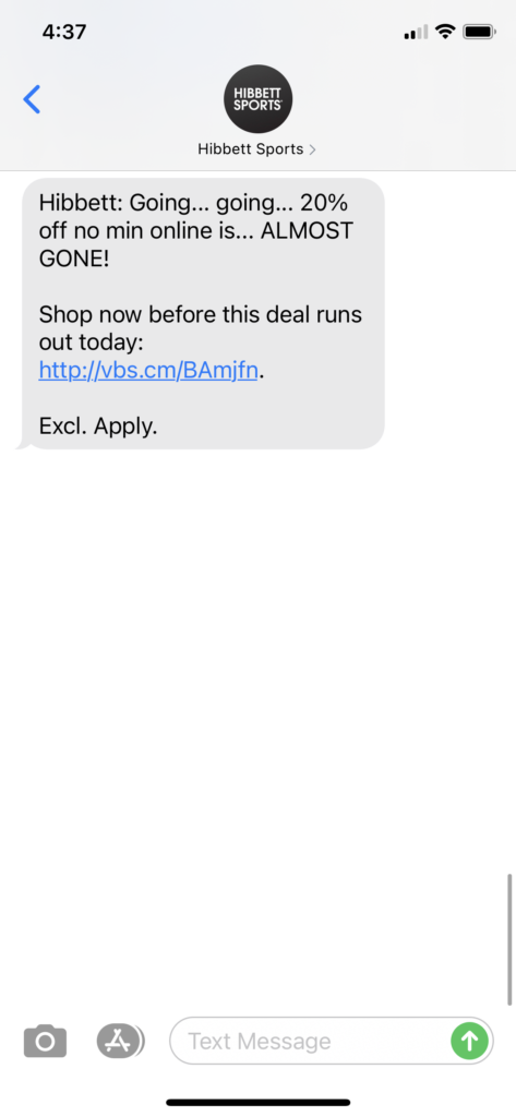 Hibbett Text Message Marketing Example - 04.05.2021