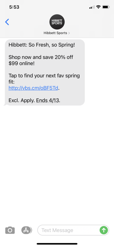 Hibbett Text Message Marketing Example - 04.11.2021