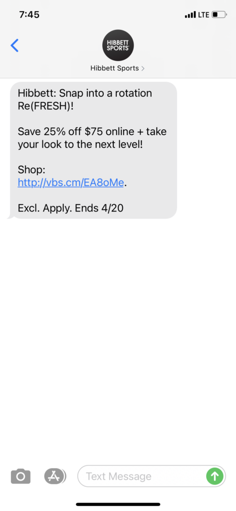 Hibbett Text Message Marketing Example - 04.18.2021