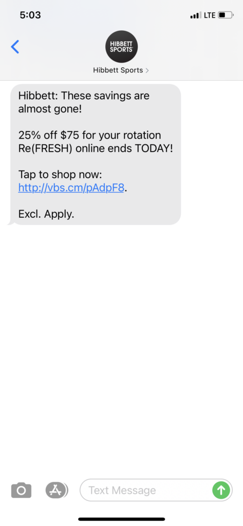 Hibbett Text Message Marketing Example - 04.20.2021