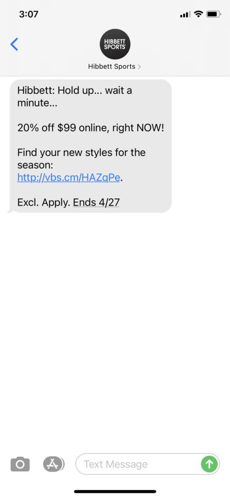 Hibbett Text Message Marketing Example - 04.25.2021