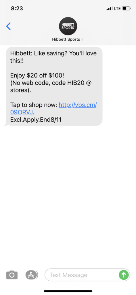 Hibbett Text Message Marketing Example - 08.07.2020
