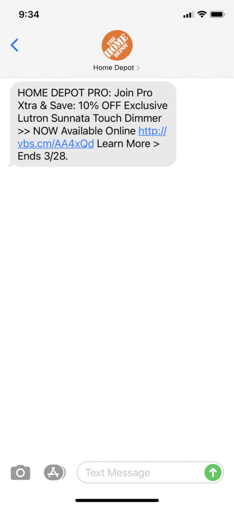 Home Depot Text Message Marketing Example - 03.22.2021