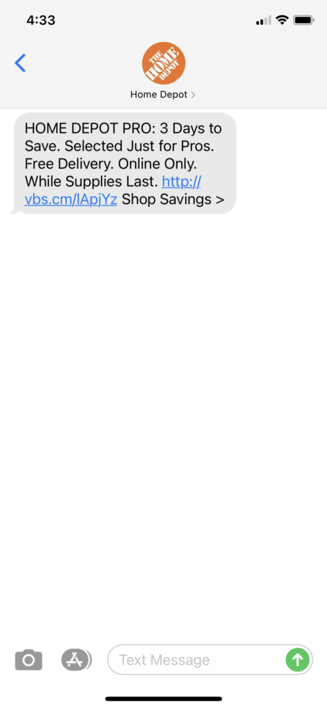 Home Depot Text Message Marketing Example - 04.05.2021
