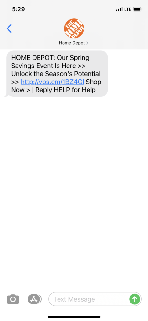 Home Depot Text Message Marketing Example - 04.08.2021
