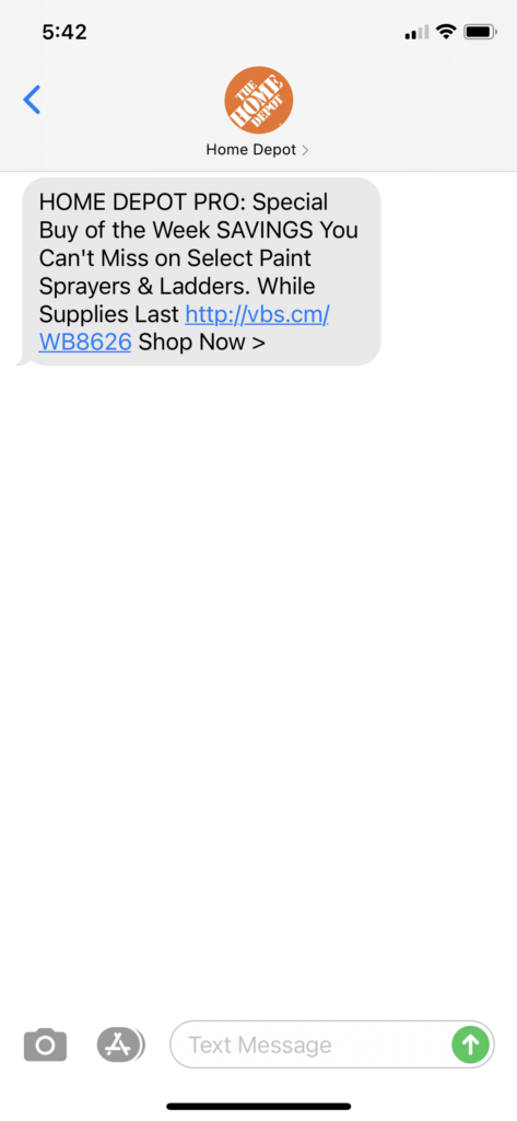 Home Depot Text Message Marketing Example - 04.12.2021