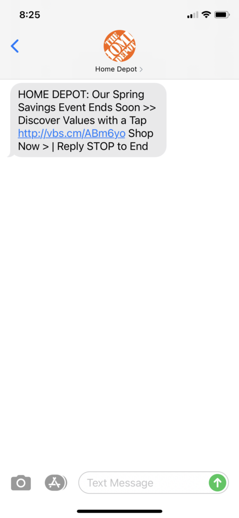 Home Depot Text Message Marketing Example - 04.15.2021