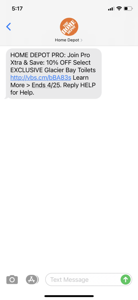 Home Depot Text Message Marketing Example - 04.19.2021
