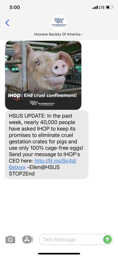 Humane Society of America Text Message Marketing Example - 04.20.2021