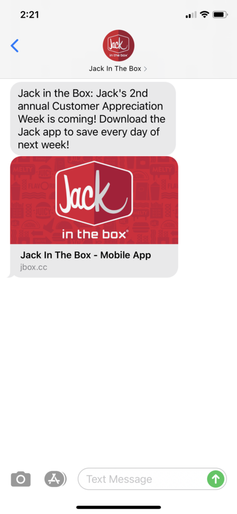 Jack in the Box Text Message Marketing Example - 04.25.2021