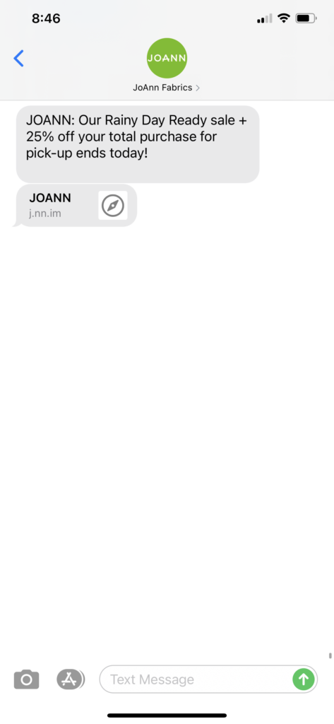 JoAnn Fabrics Text Message Marketing Example - 04.17.2021