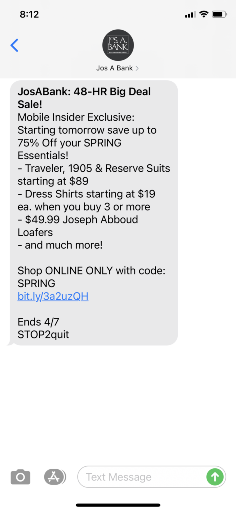 Jos. A. Bank Text Message Marketing Example - 04.05.2021