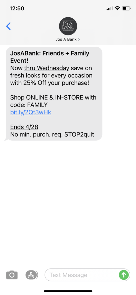 Jos. A. Bank Text Message Marketing Example - 04.26.2021