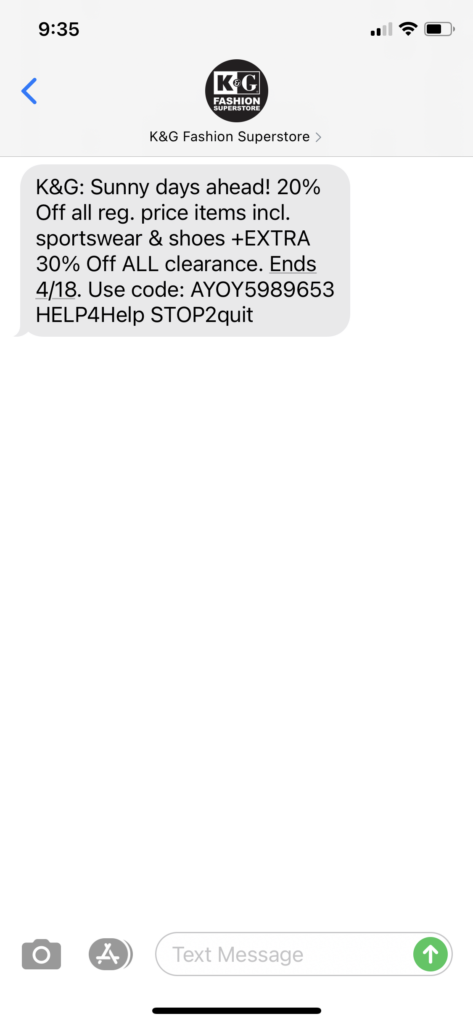 K&G Fashion Superstores Text Message Marketing Example - 04.16.2021