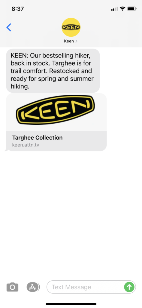 Keen Text Message Marketing Example - 04.14.2021