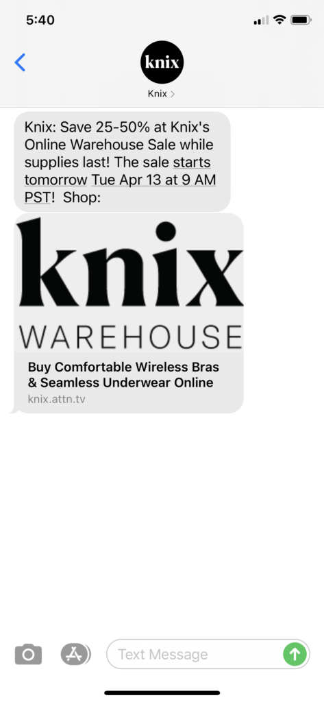 Knix Text Message Marketing Example - 04.12.2021