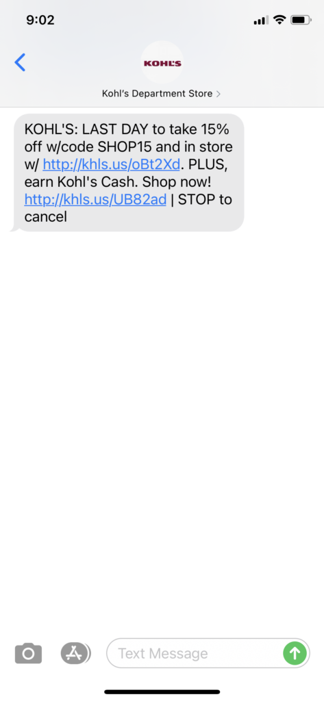 Kohl's Text Message Marketing Example - 04.03.2021