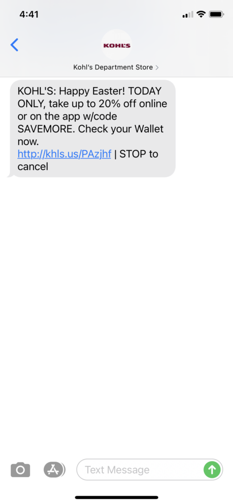 Kohl's Text Message Marketing Example - 04.04.2021