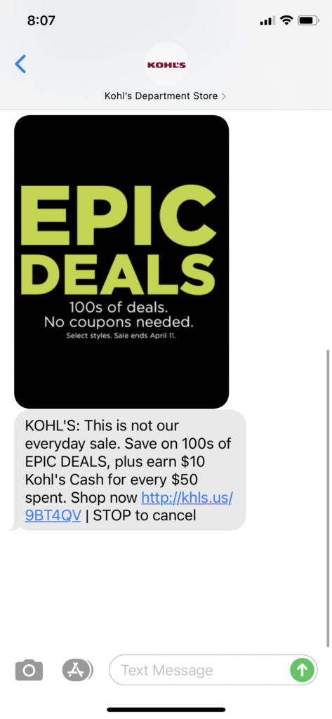 Kohl's Text Message Marketing Example - 04.07.2021