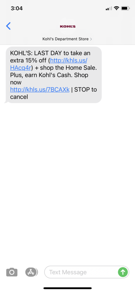 Kohl's Text Message Marketing Example - 04.25.2021