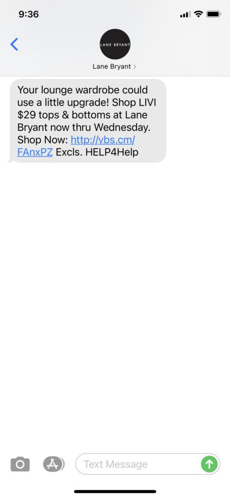 Lane Bryant Text Message Marketing Example - 03.22.2021