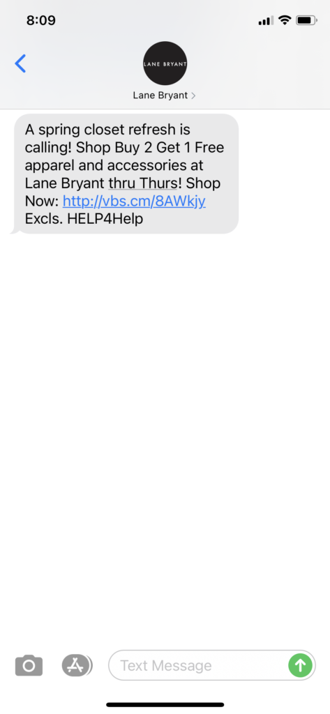 Lane Bryant Text Message Marketing Example - 04.07.2021