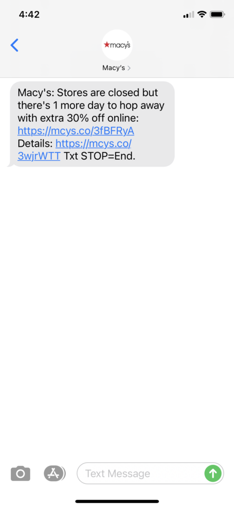 Macy's Text Message Marketing Example - 04.04.2021