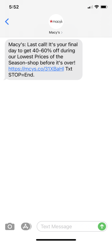 Macy's Text Message Marketing Example - 04.11.2021