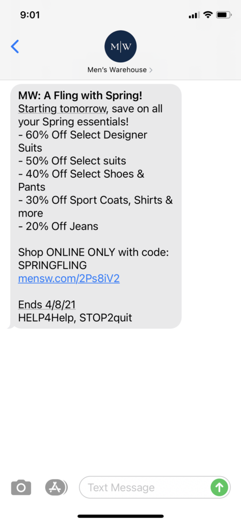 Men's Warehouse Text Message Marketing Example - 04.03.2021