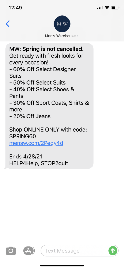 Men's Warehouse Text Message Marketing Example - 04.26.2021