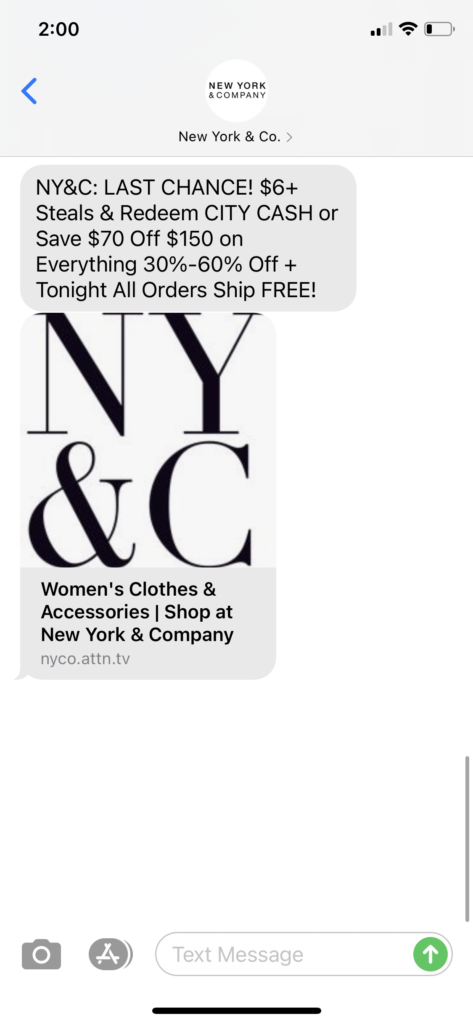 New York & Co Text Message Marketing Example - 04.20.2021