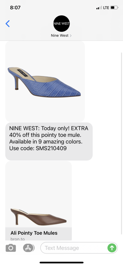Nine West Text Message Marketing Example - 04.09.2021
