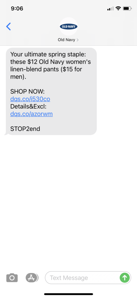 Old Navy Text Message Marketing Example - 04.03.2021