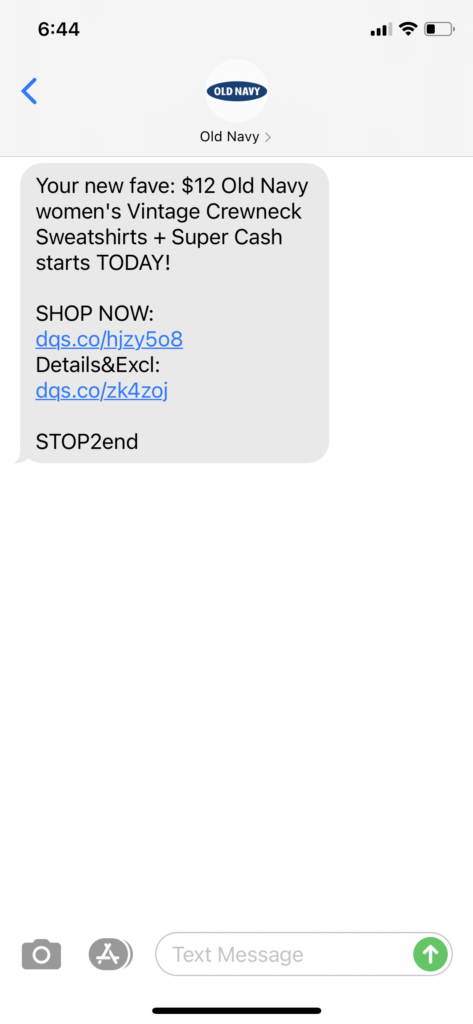 Old Navy Text Message Marketing Example - 04.10.2021