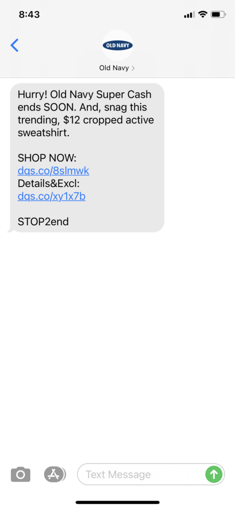 Old Navy Text Message Marketing Example - 04.17.2021
