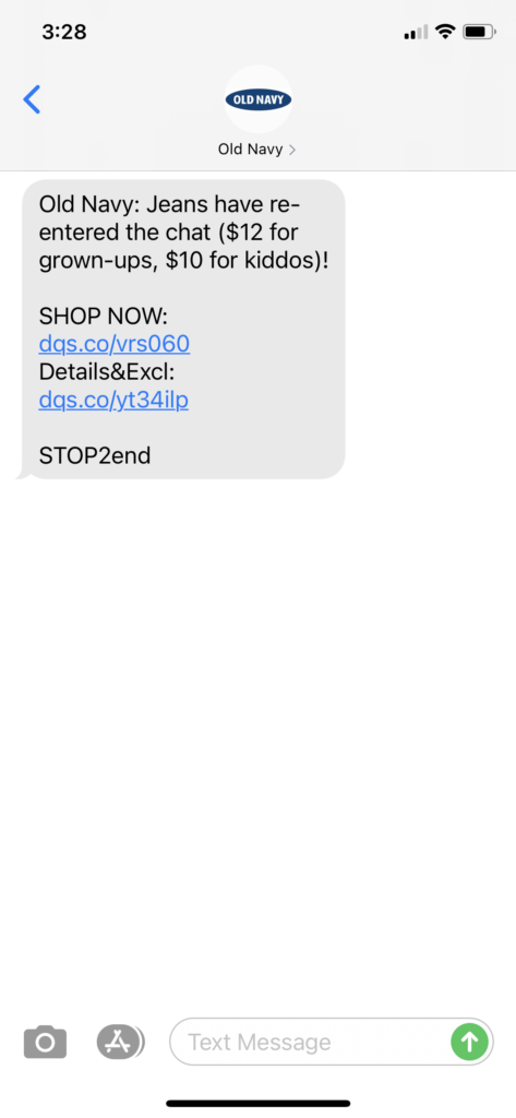 Old Navy Text Message Marketing Example - 04.24.2021