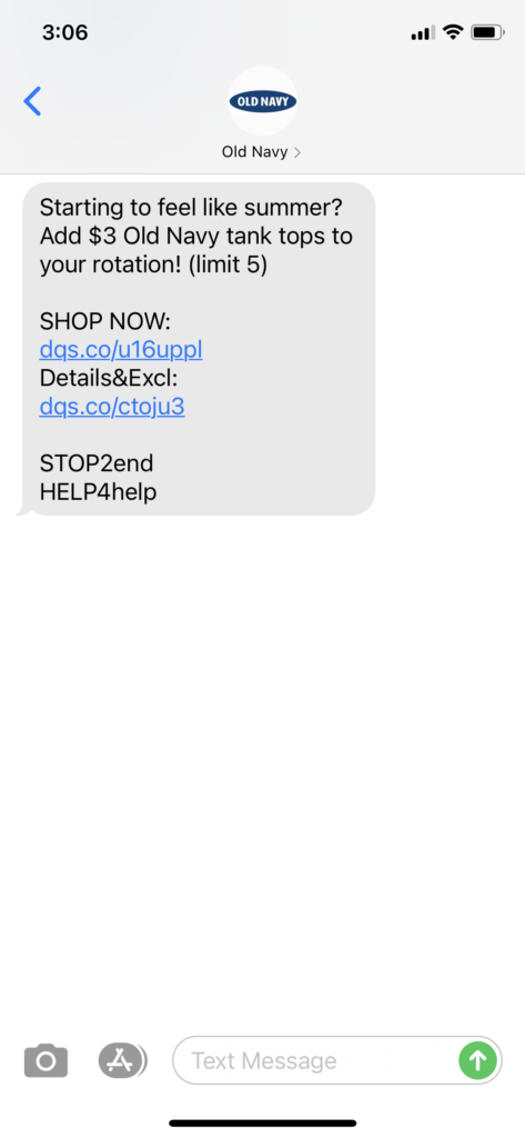 Old Navy Text Message Marketing Example - 04.25.2021