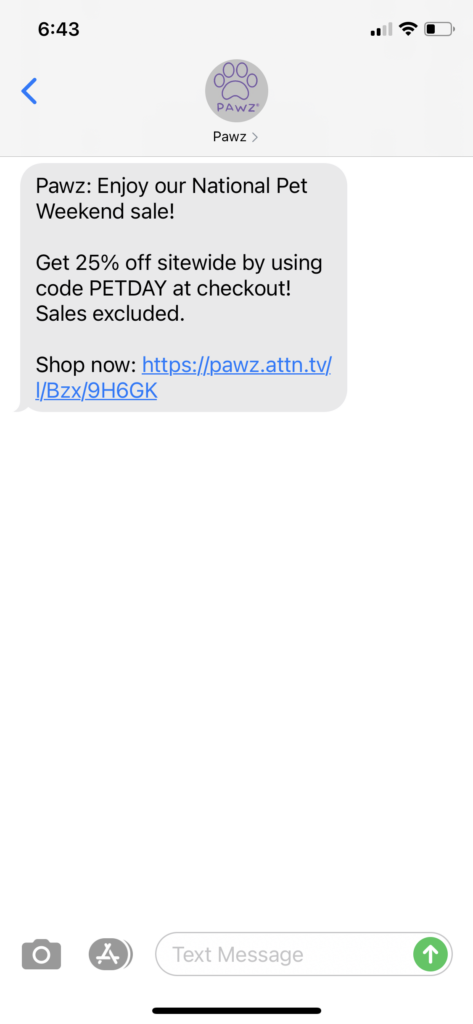 PAWZ Text Message Marketing Example - 04.10.2021